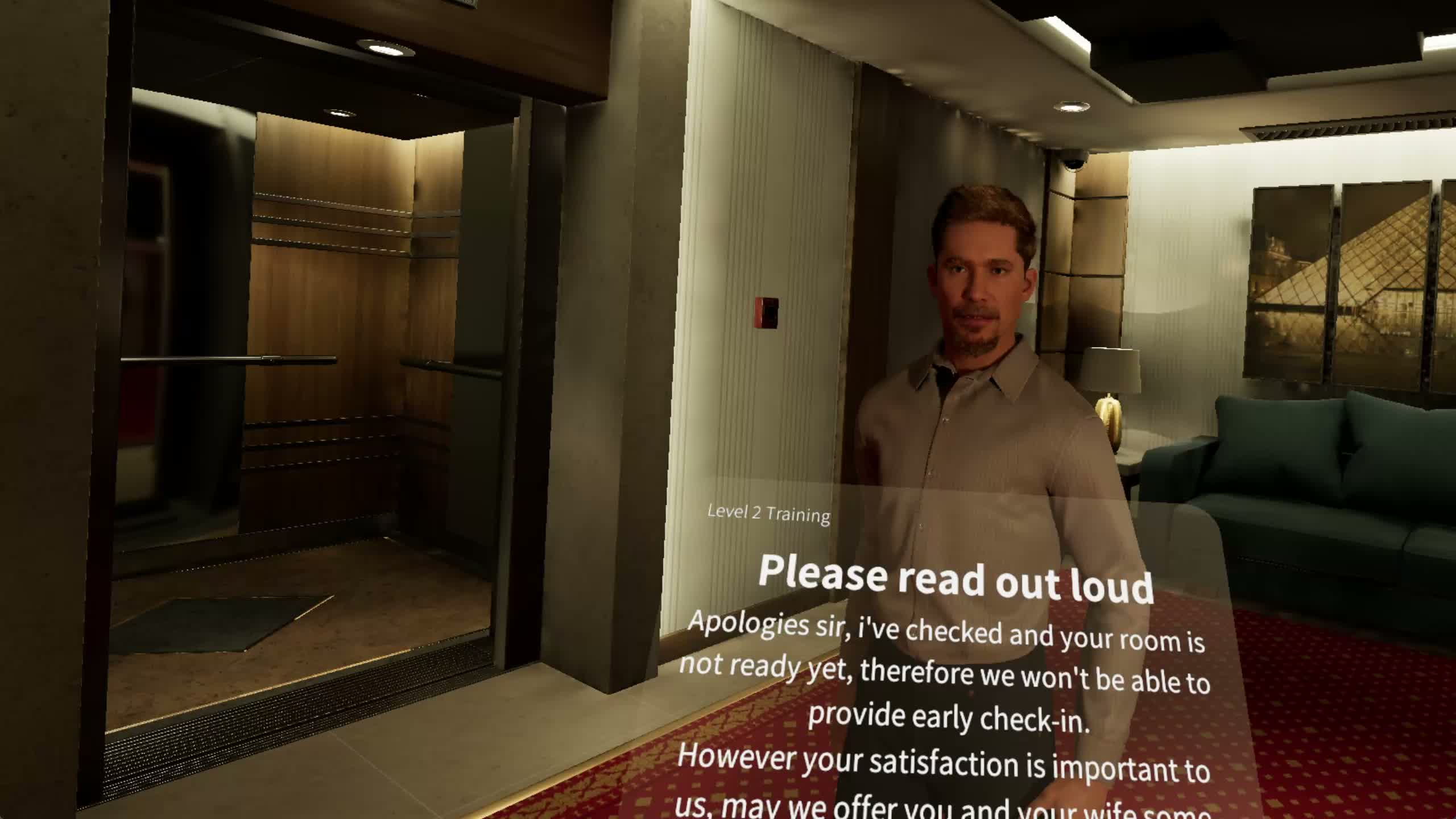 Hotel elevator customer service training scenario