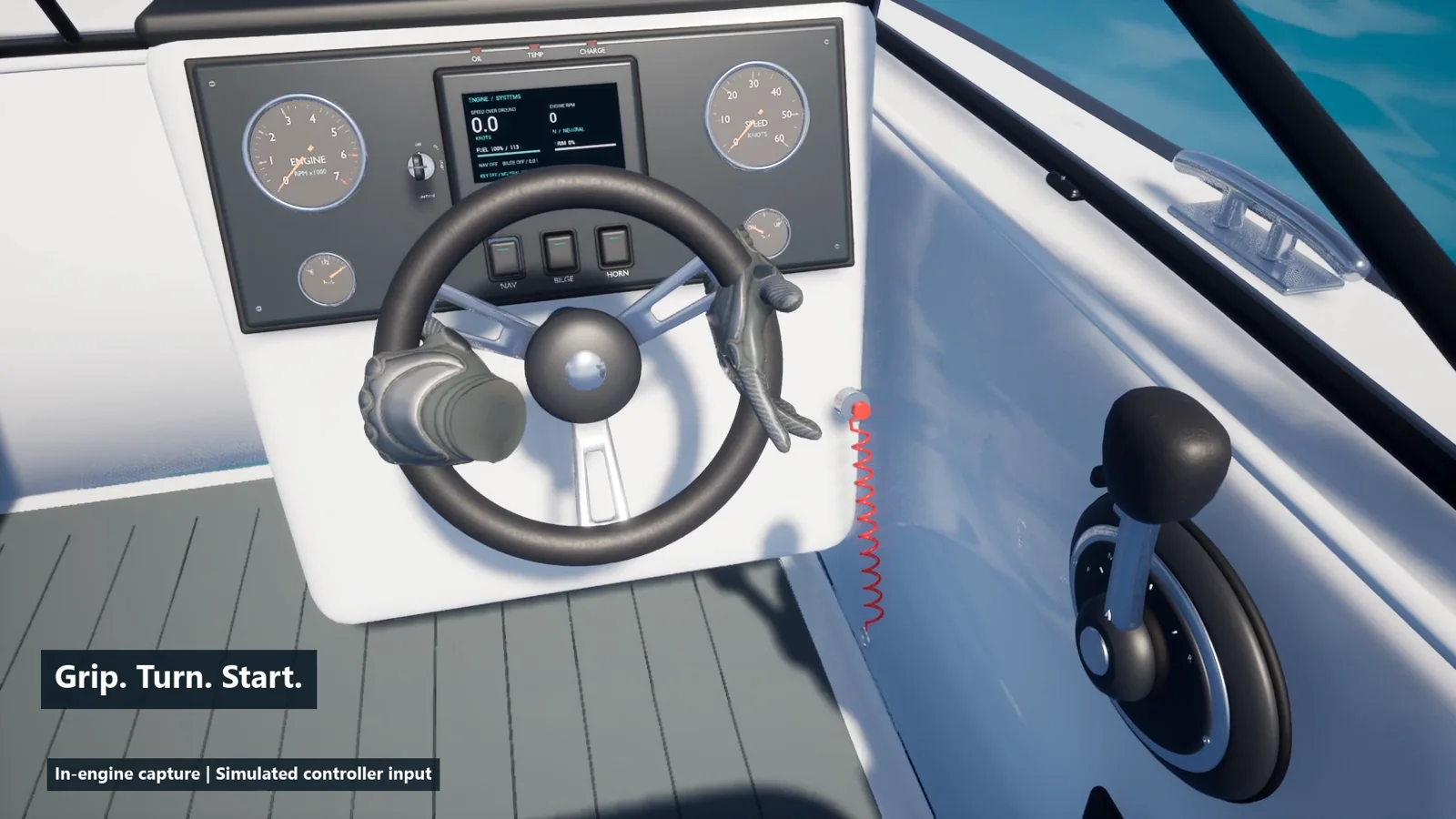 Controller-driven hands at the boat wheel, throttle and live instrument dashboard