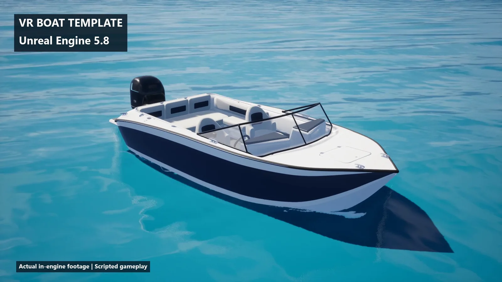 The included blue and white sport runabout on the demo ocean in Unreal Engine