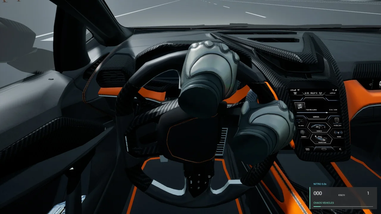 Controller-driven hands holding the car's steering wheel in Unreal Engine