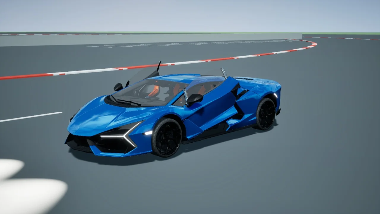 The included sports car with blue paint in the Unreal Engine driving demo