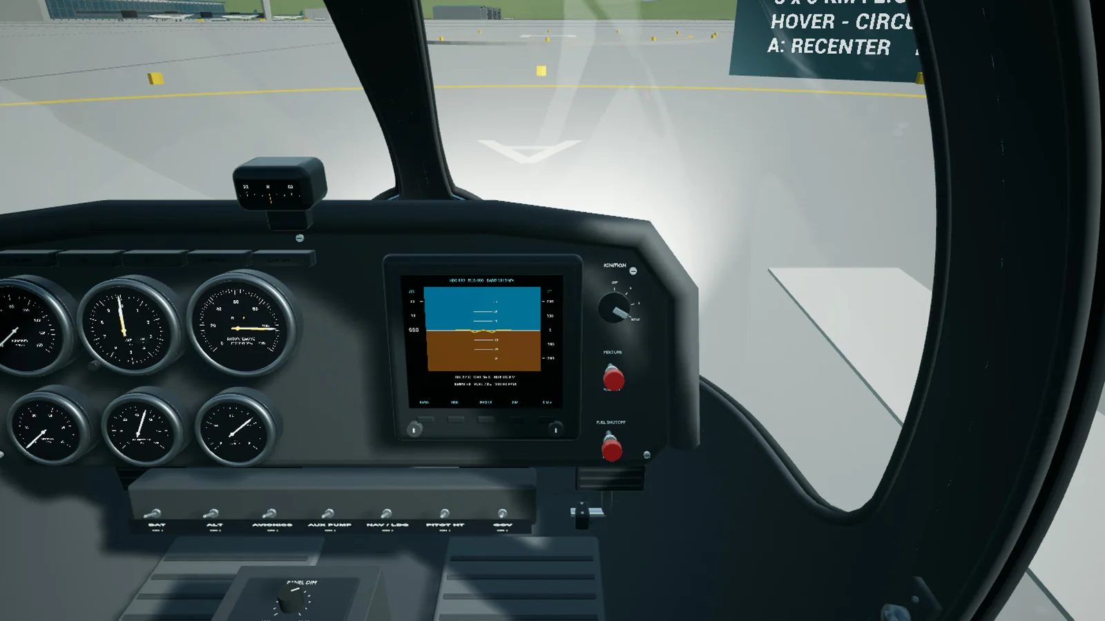 Pilot view of the Compact Scout helicopter cockpit and instruments