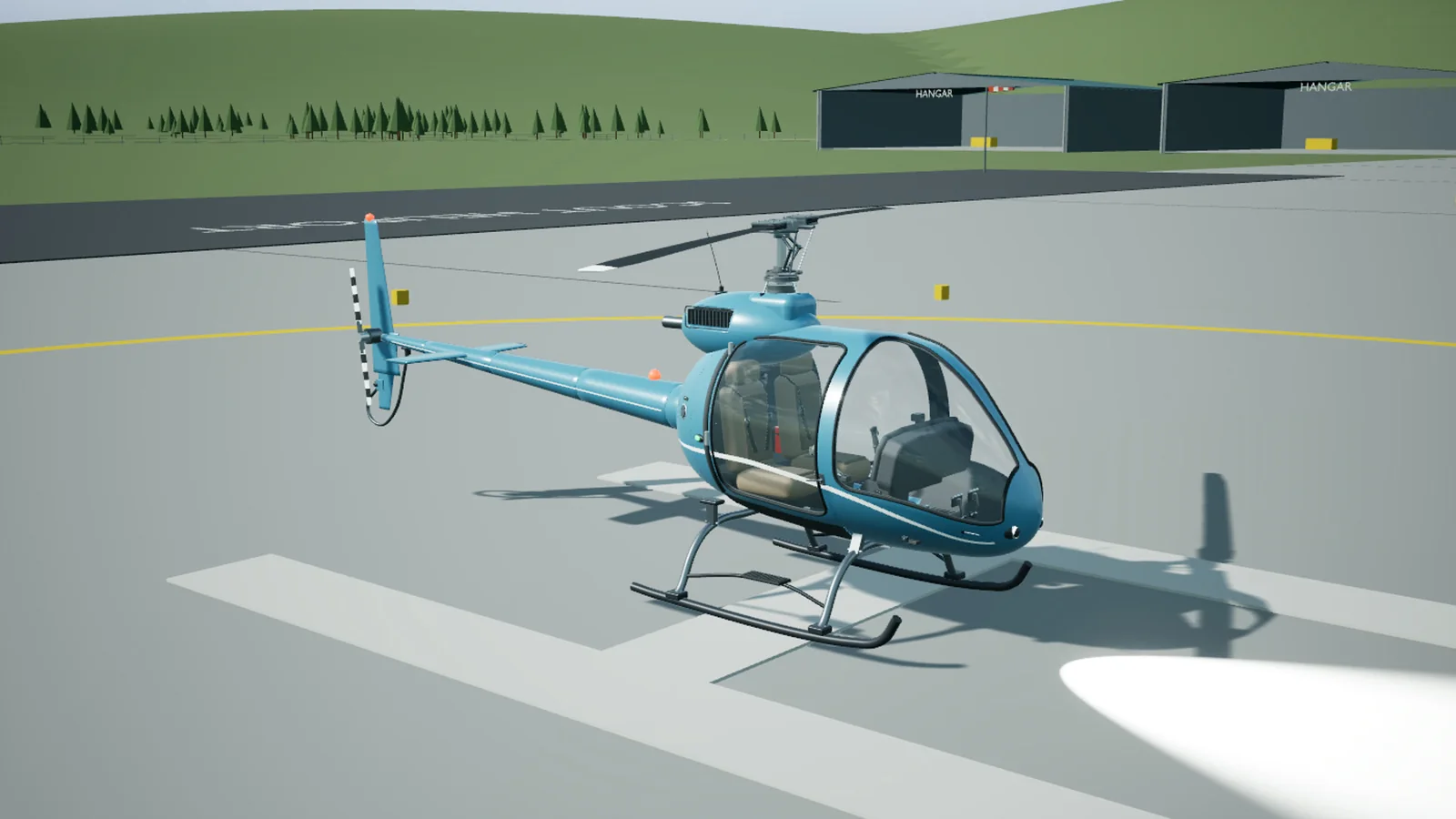 The included blue Compact Scout helicopter parked beside hangars at the demo airport