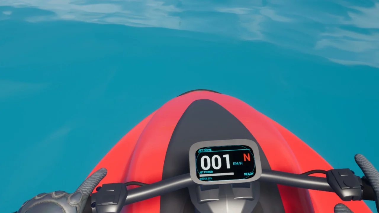 First-person view of the jet ski handlebars and digital dashboard on the ocean