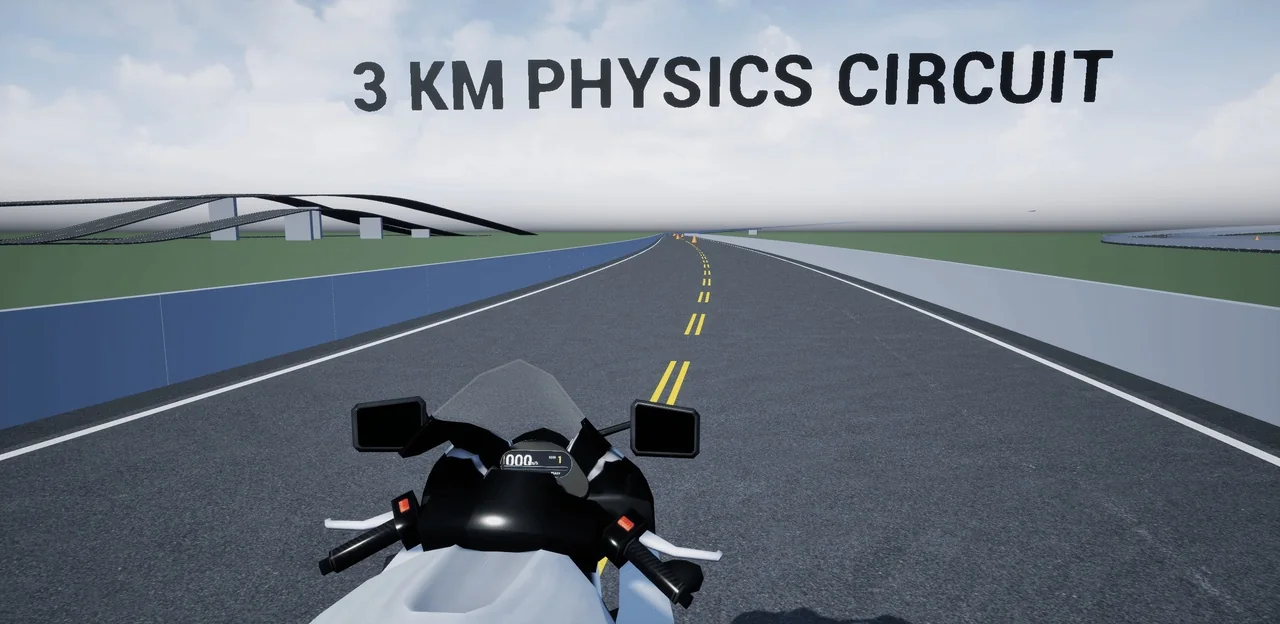 First-person motorcycle view on the included physics test circuit