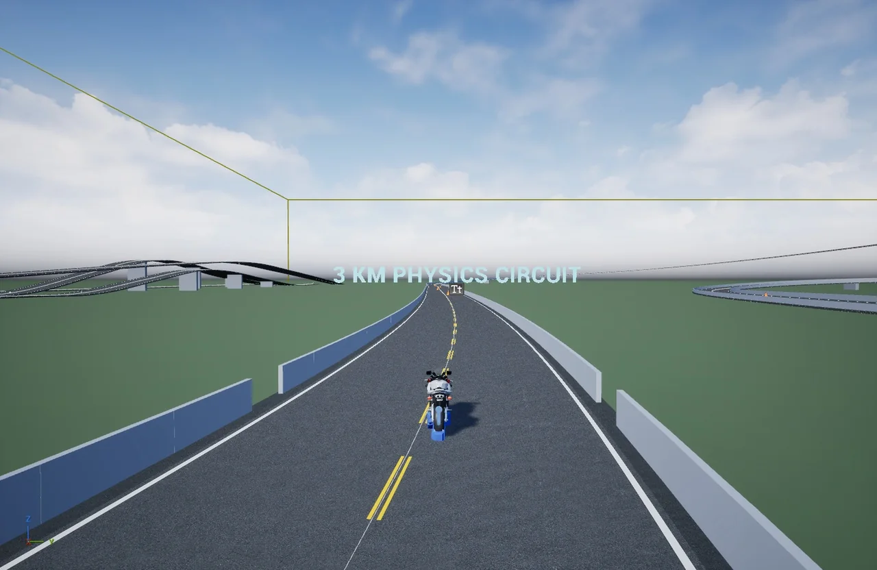 The motorcycle riding along the included demo course in Unreal Engine