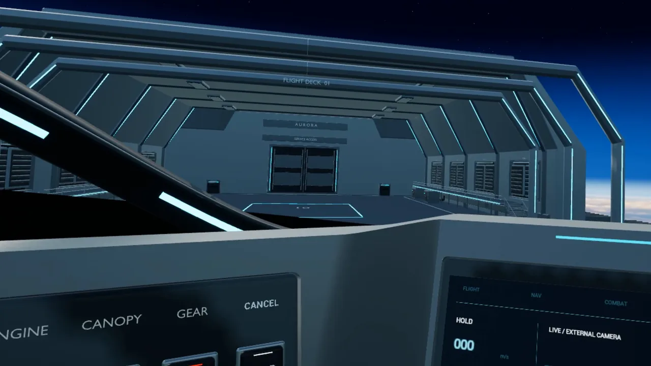 Spaceship cockpit during the one-touch docking autopilot sequence
