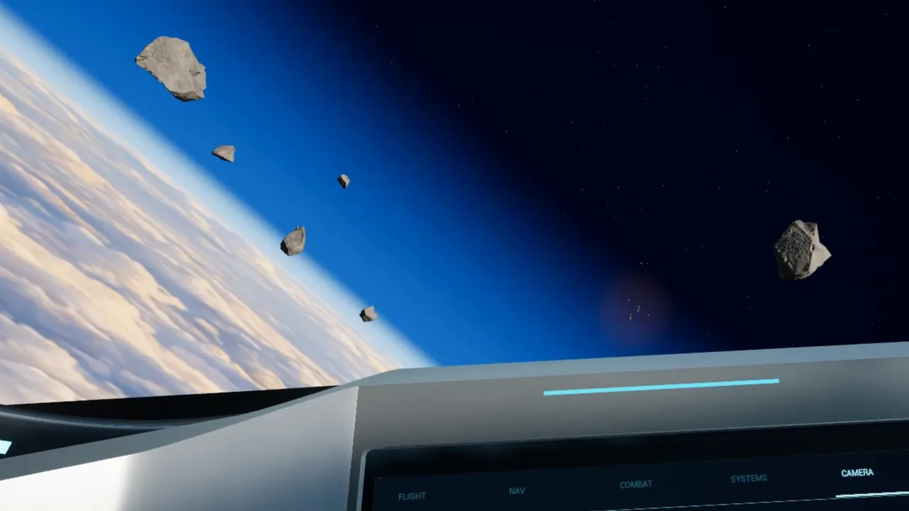First-person view from the spaceship cockpit flying through an asteroid field above the clouds